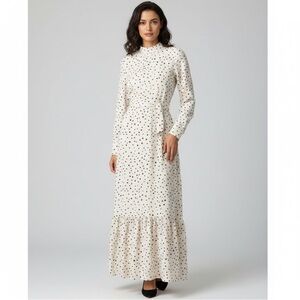 Veiled Collection Sz ST Long-Sleeve Belted Modest Elegant Polka Dot Maxi Dress